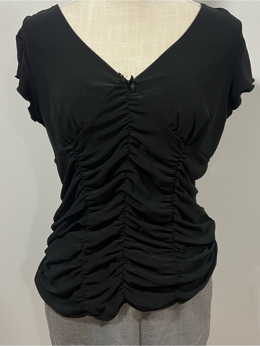 Women's Black Ruched V-Neck Blouse